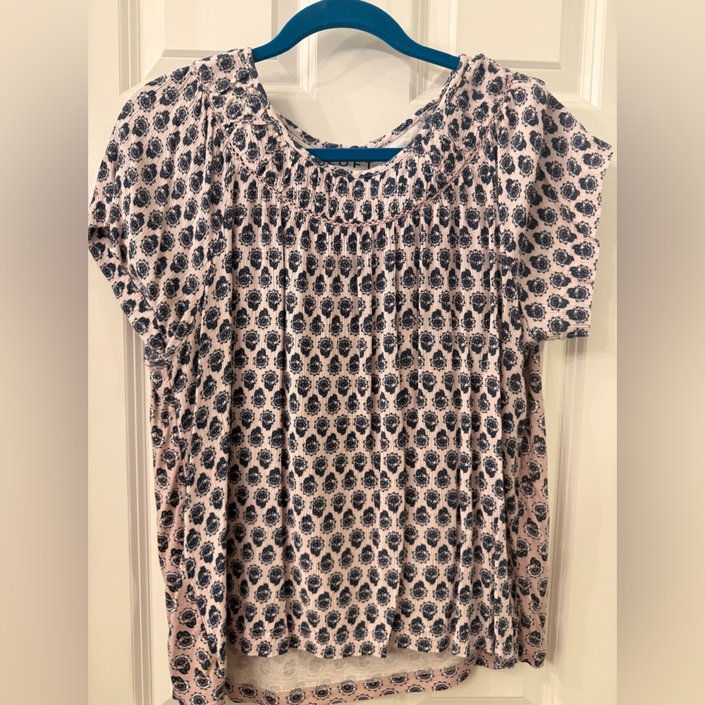 LOFT Pink Short Sleeve Tunic with Navy Floral Print